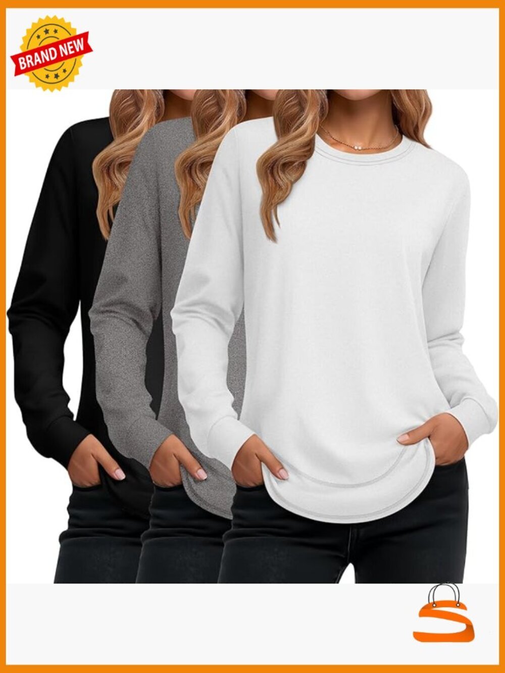3 Pack Long Sleeve Crew Neck Tunic Tops Casual Loose Fit Pullover Curved Hem